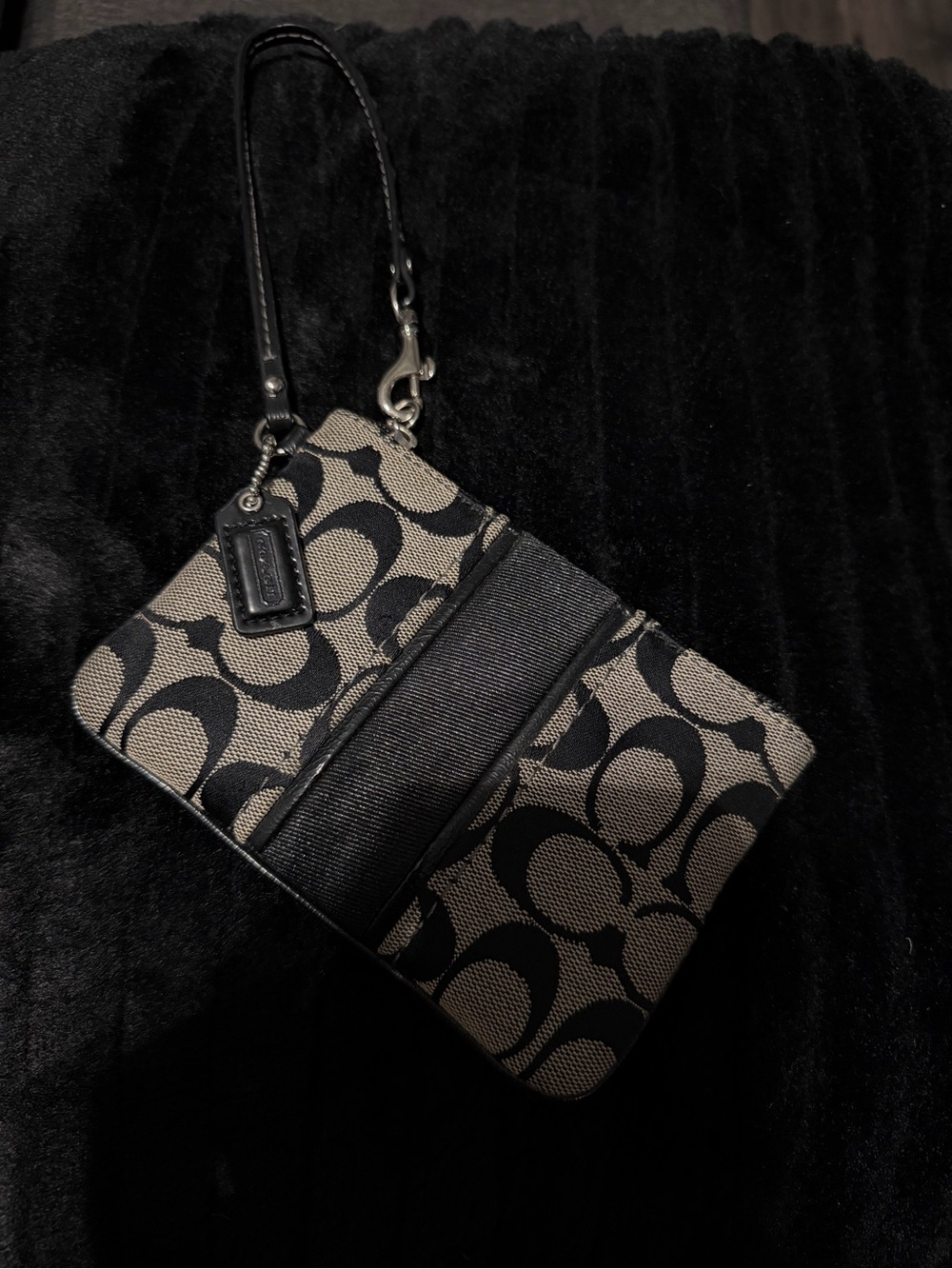Coach Signature Canvas Wristlet in Black and Tan